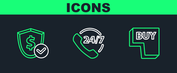 Set line Buy button, Shield with dollar and Telephone 24 hours support icon. Vector