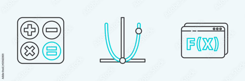 Poster set line function mathematical symbol, calculator and graph, schedule, chart, diagram icon. vector
