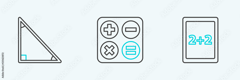 Aufkleber set line tablet with calculator, triangle math and calculator icon. vector