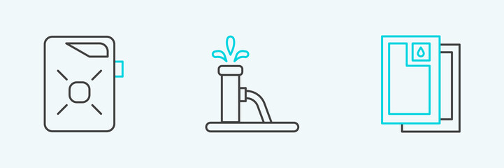 Set line Barrel oil, Canister for motor and Oil pump pump jack icon. Vector