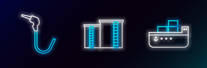 Set line Oil tanker ship, Gasoline pump nozzle and industrial factory building icon. Glowing neon. Vector
