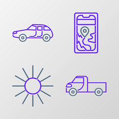 Set line Pickup truck, Sun, City map navigation and Car icon. Vector