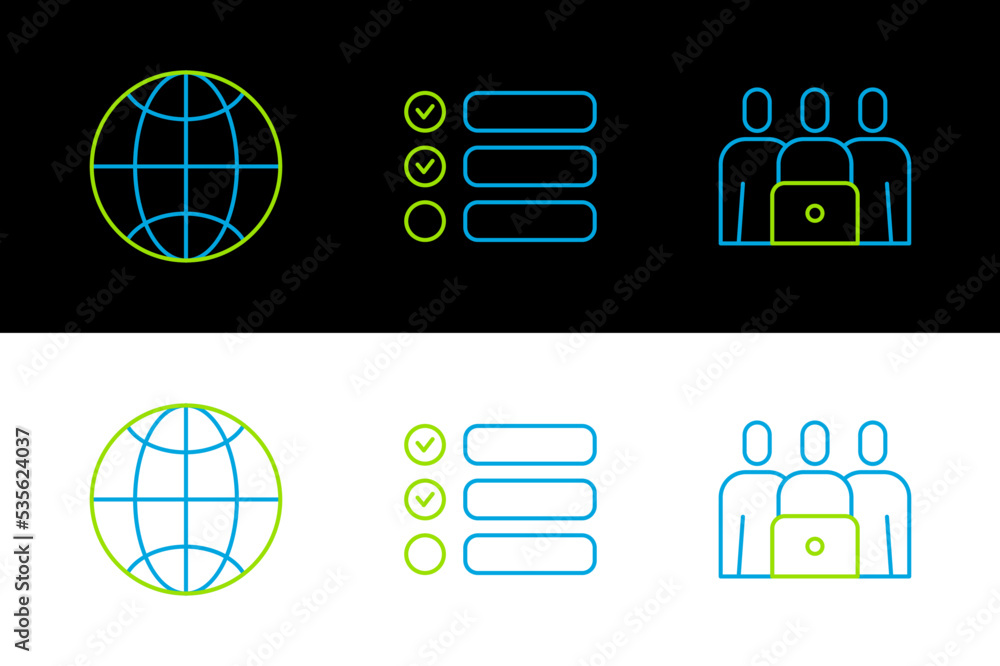 Aufkleber set line online class, social network and task list icon. vector