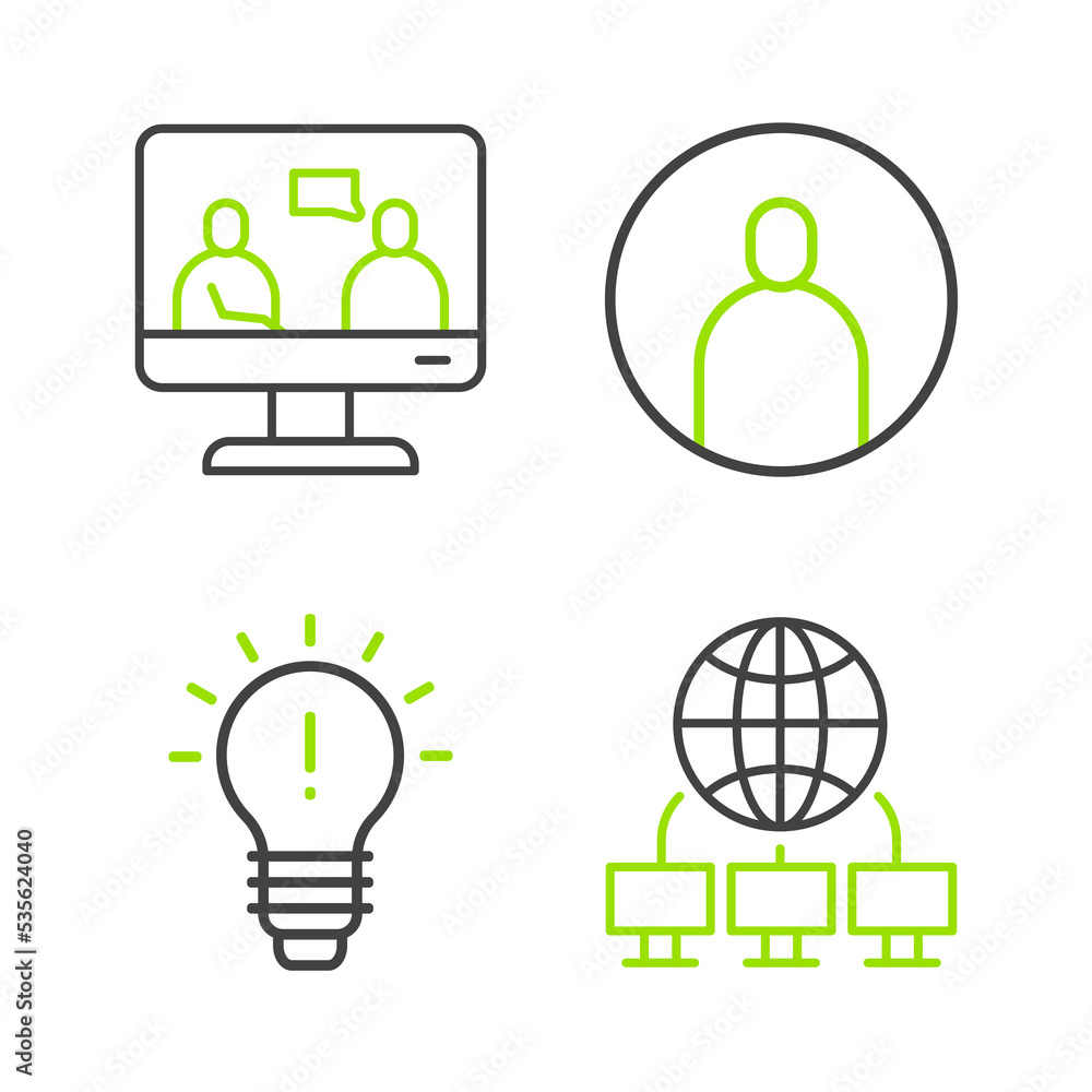 Poster set line computer network, light bulb with concept of idea, create account screen and online educati