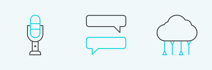Set line Network cloud connection, Microphone and Speech bubble chat icon. Vector