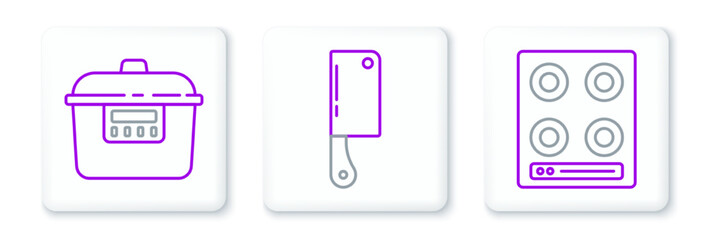Set line Gas stove, Slow cooker and Meat chopper icon. Vector