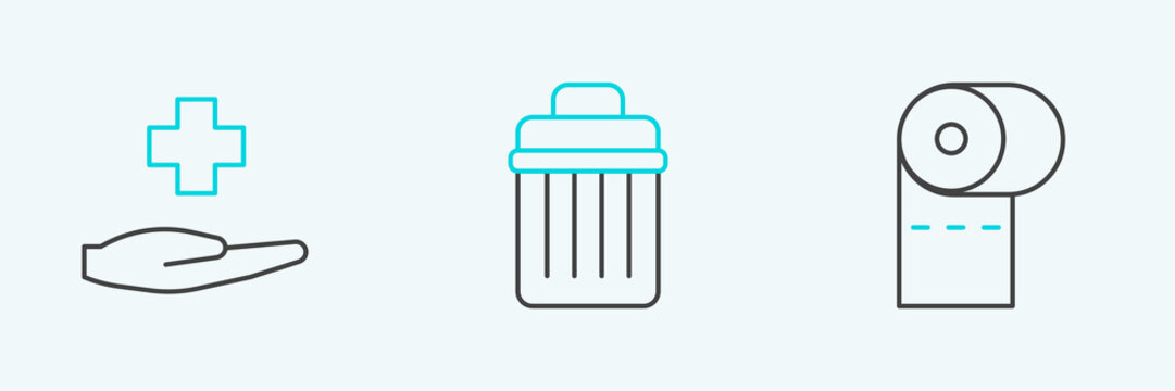 Set Line Toilet Paper Roll, Cross Hospital Medical And Trash Can Icon. Vector