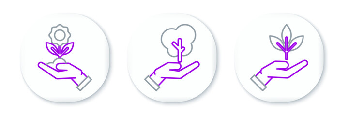 Set line Plant in hand of environmental protection, Hand holding flower and Tree icon. Vector