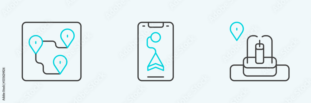 Poster set line location with fountain, route location and city map navigation icon. vector