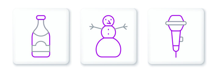 Set line Microphone, Champagne bottle and Christmas snowman icon. Vector