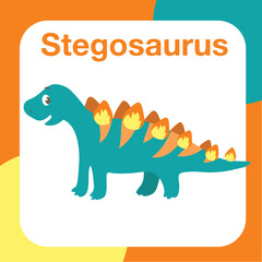 Printable dinosaur preschool flashcard. Dinosaur flashcard for kids. Cute flashcard for children. Ready to print file. Printable game card. Educational card for preschool. Vector illustration.