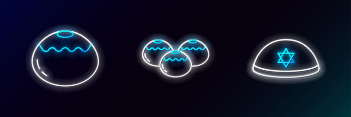 Set line Jewish kippah, sweet bakery and icon. Glowing neon. Vector
