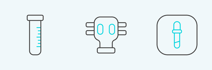 Set line Pipette, Test tube and flask and Gas mask icon. Vector