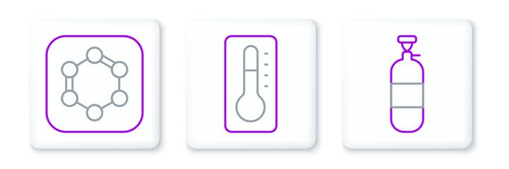 Set line Propane gas tank, Formula of benzene rings and Medical thermometer icon. Vector