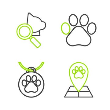 Set line Map pointer with veterinary medicine hospital, Collar name tag, Paw print and Veterinary clinic symbol icon. Vector