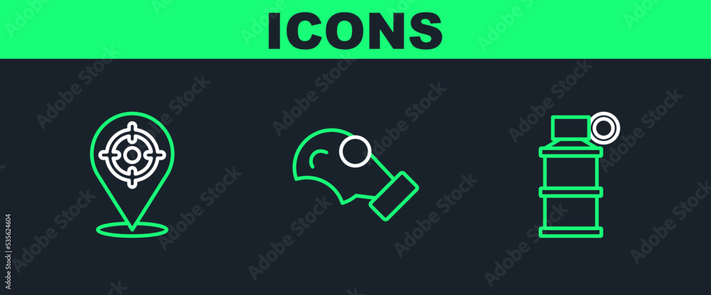 Poster set line hand smoke grenade, target sport and gas mask icon. vector