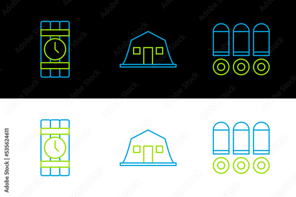 Poster set line bullet, dynamite and timer clock and military barracks icon. vector