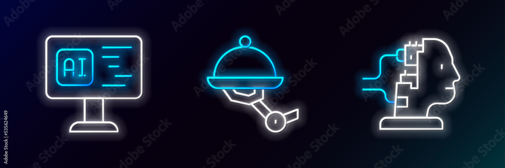Poster set line robot for maintenance, software and waiter robot icon. glowing neon. vector