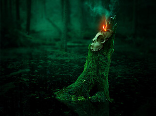 Pagan ritual. Skull with sacred flame and smoke on mossy stump in the middle of black swamp. Mysterious forest scene
