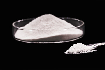 Hydrolyzed Collagen Powder, in the laboratory, pharmaceutical product for use in the food industry, isolated background and copyspace
