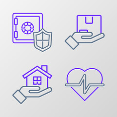 Set line Life insurance, House hand, Delivery and Safe with shield icon. Vector