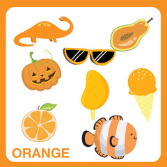 Ready to print worksheet orange color objects. Learning about colors for kids. 