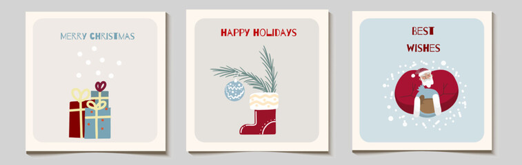 Set of Christmas vector gift square cards or tag set, santa with sack, gifts in boxes, shoe, boot with fir branches and decorations, best wishes and merry christmas.