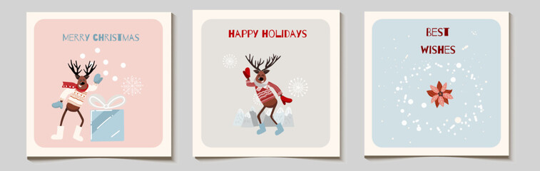 Christmas vector gift card or tag set with sport jumping Santa, poinsettia arrangement, snowman with gifts, merry christmas lettering, best wishes.