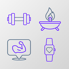 Set line Smart watch, Bodybuilder muscle, Aroma candle and Dumbbell icon. Vector