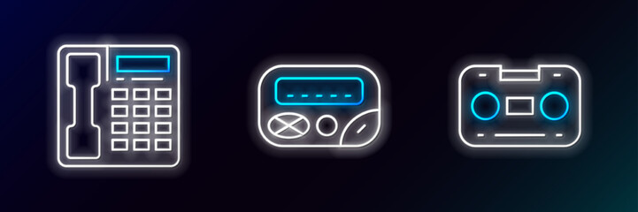 Set line Retro audio cassette tape, Telephone handset and Pager icon. Glowing neon. Vector