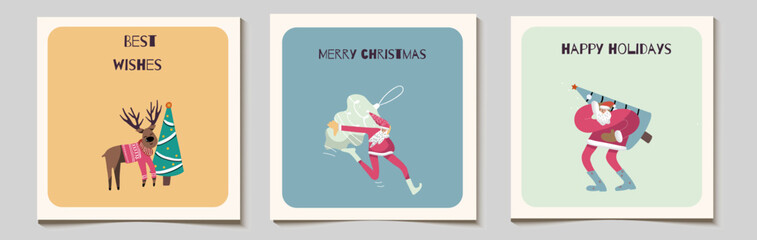 Christmas vector gift card or tag set with sport jumping Santa, poinsettia arrangement, snowman with gifts, merry christmas lettering, best wishes.