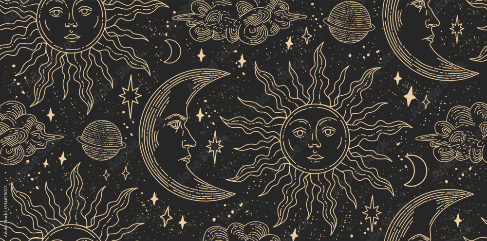 Poster seamless pattern with magical elements. set of linear vector illustrations. celestial illustrations 