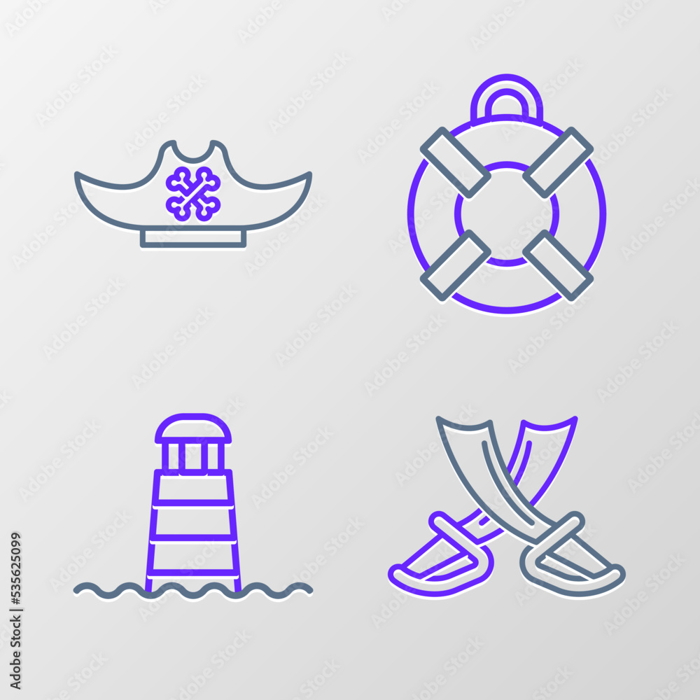 Wall mural Set line Crossed pirate swords, Lighthouse, Lifebuoy and Pirate hat icon. Vector