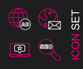 Set line SEO optimization, Laptop with star, Earth globe mail and Advertising icon. Vector
