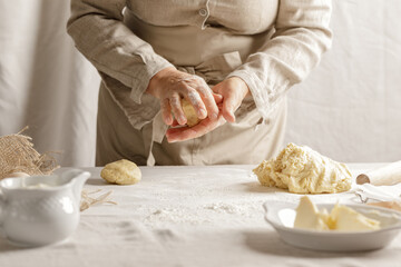 Obraz na płótnie Canvas Women’s hands, flour and dough. A woman is preparing a dough for home baking. Concept of home cooking with organic and natural ingredients. Zero waste concept