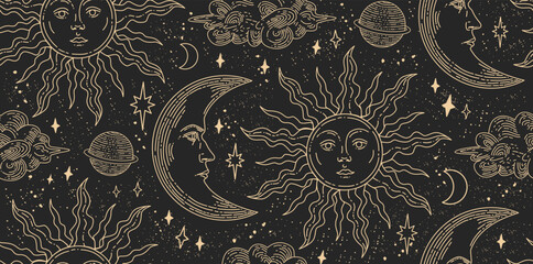 Seamless pattern with magical elements. Set of linear vector illustrations. Celestial illustrations depicting the sun, moon, planet, clouds. design elements for decoration in a modern style. 