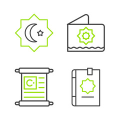 Set line Holy book of Koran, Octagonal star and icon. Vector