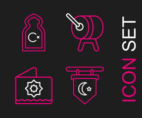 Set line Star and crescent, Octagonal star, Ramadan drum and Muslim Mosque icon. Vector