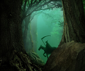 Grim Reaper or Ghost Rider silhouette in dark fantasy woods with old massive trees, rocks, shaped branches and roots, misty blue background