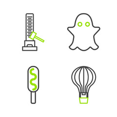Set line Hot air balloon, Corn dog, Ghost and High striker attraction with big hammer icon. Vector