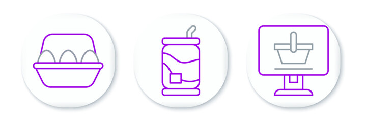 Set line Shopping cart on computer, Chicken egg box and Soda can icon. Vector