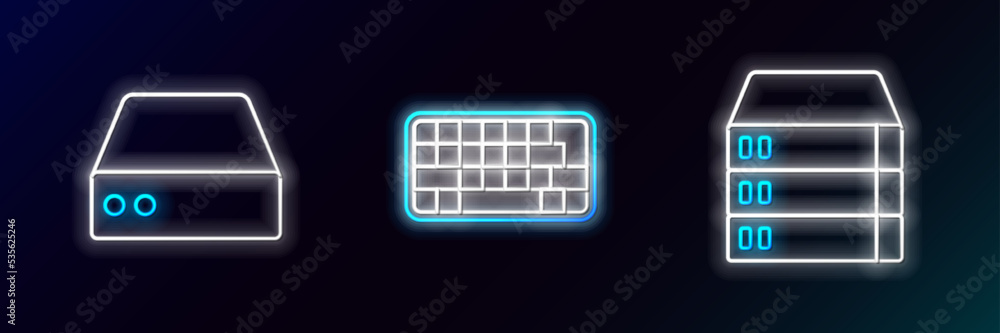 Poster set line server, data, web hosting, and keyboard icon. glowing neon. vector