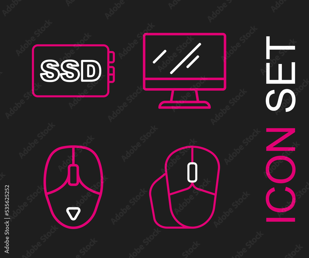 Poster set line computer mouse, monitor screen and ssd card icon. vector