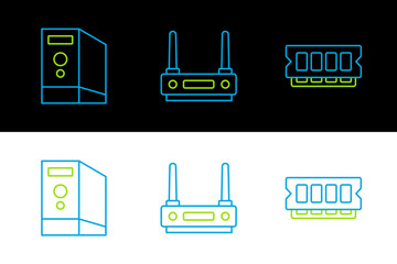 Set line RAM, random access memory, Case of computer and Router wi-fi signal icon. Vector