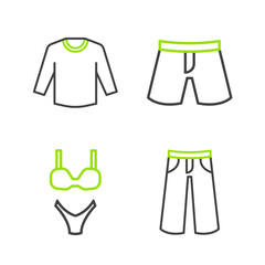 Set line Pants, Swimsuit, Short or pants and Sweater icon. Vector