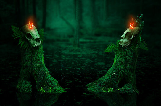 Pagan skulls ritual. Dark fantasy scene. Two skulls with flame on mossy stumps standing in black swamp water. Mysterious druid wiccan worship scene