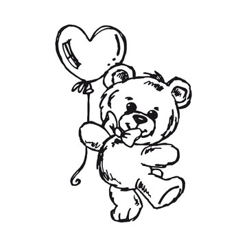 Teddy bear with heart balloon - cute bear vector drawing
