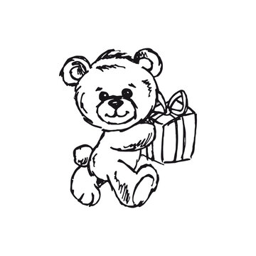 Teddy bear with gift - cute bear vector drawing