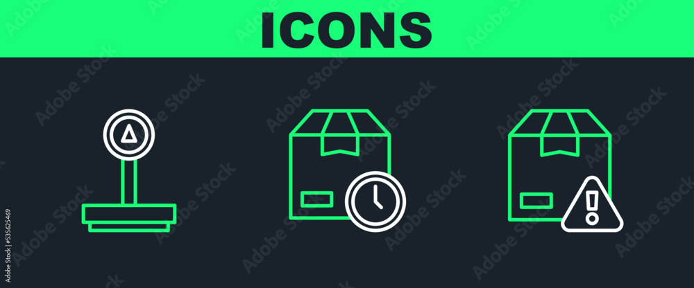 Poster set line delivery security with shield, scale and cardboard box clock icon. vector