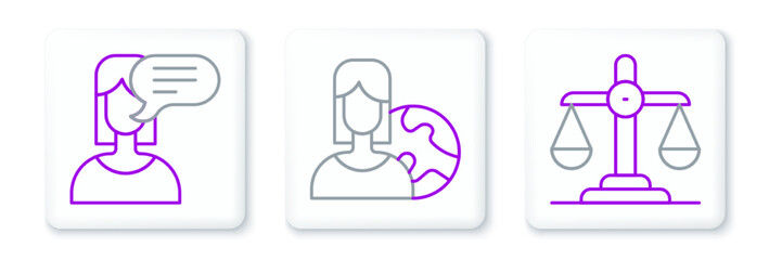 Set line Gender equality, Female opinion and Women from different countries icon. Vector